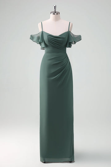 Eucalipto Tirantes de espagueti Vaina Vestido largo de dama de honor de gasa
